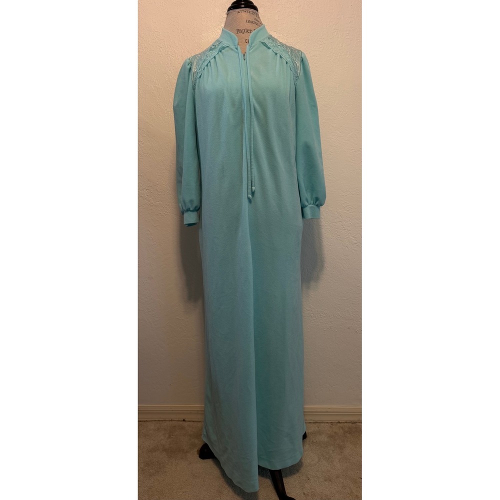 Vintage Vanity Fair Aqua Velour Robe Lace Embroidered Long Housecoat Small USA